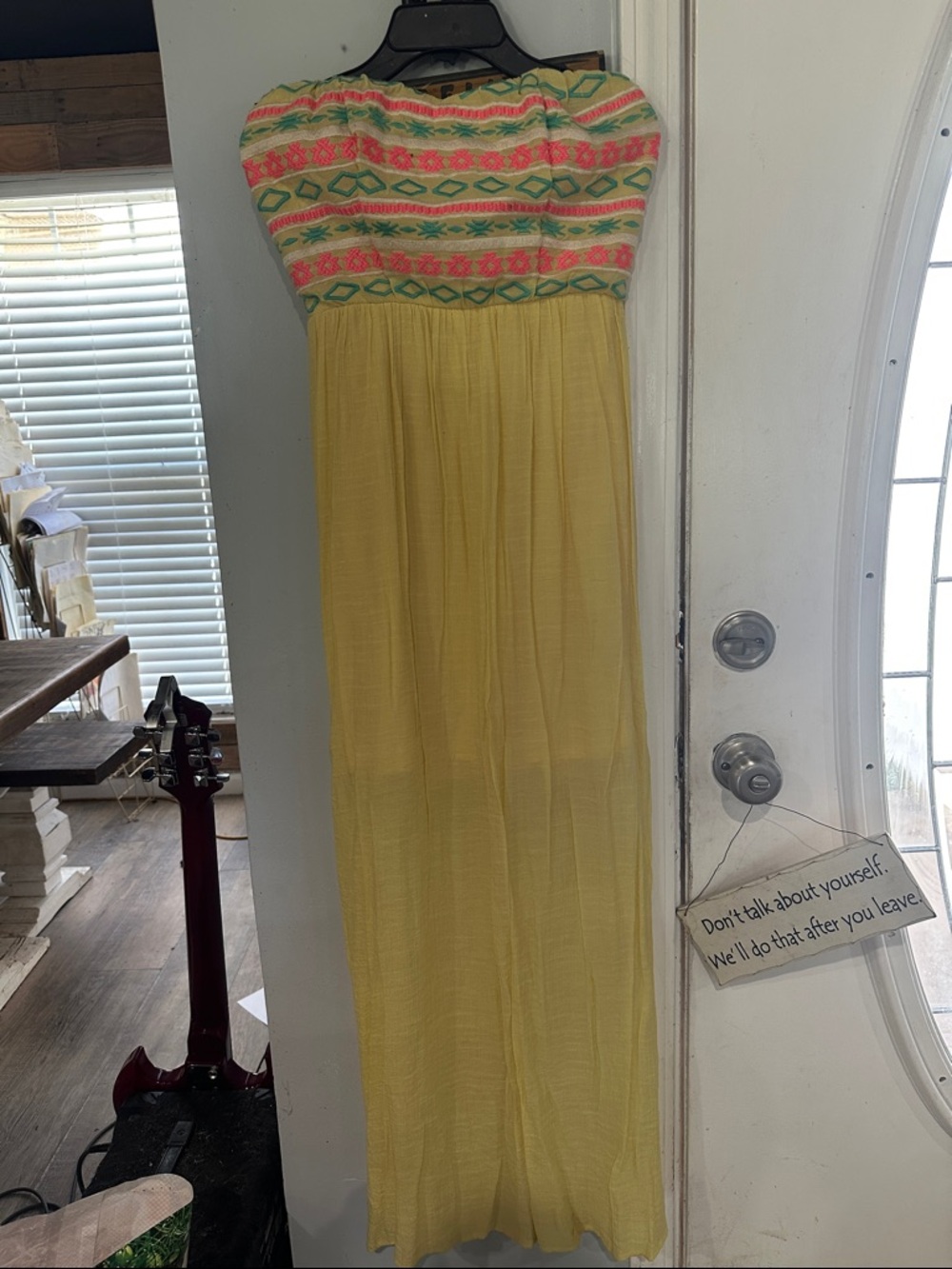 As U Wish Yellow Strapless Maxi Dress with Pink and Green Embroidery
